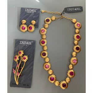 Vintage 90s Pink & Gold Starburst Necklace Brooch Earrings Set Retro Chic Jewelr